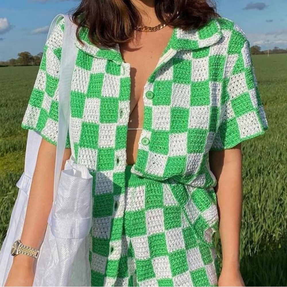 💚 Frankie's Bikinis Green & White Check Crochet Matching Set 💚 - Picture 2 of 10